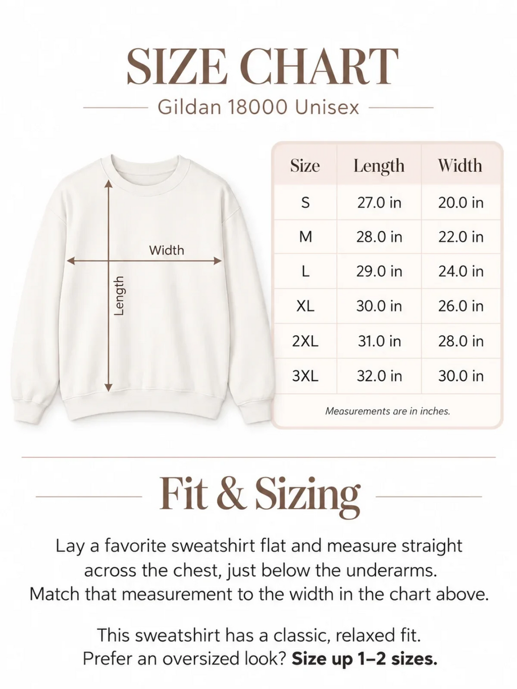 Gildan 18000 unisex sweatshirt size chart with garment measurements