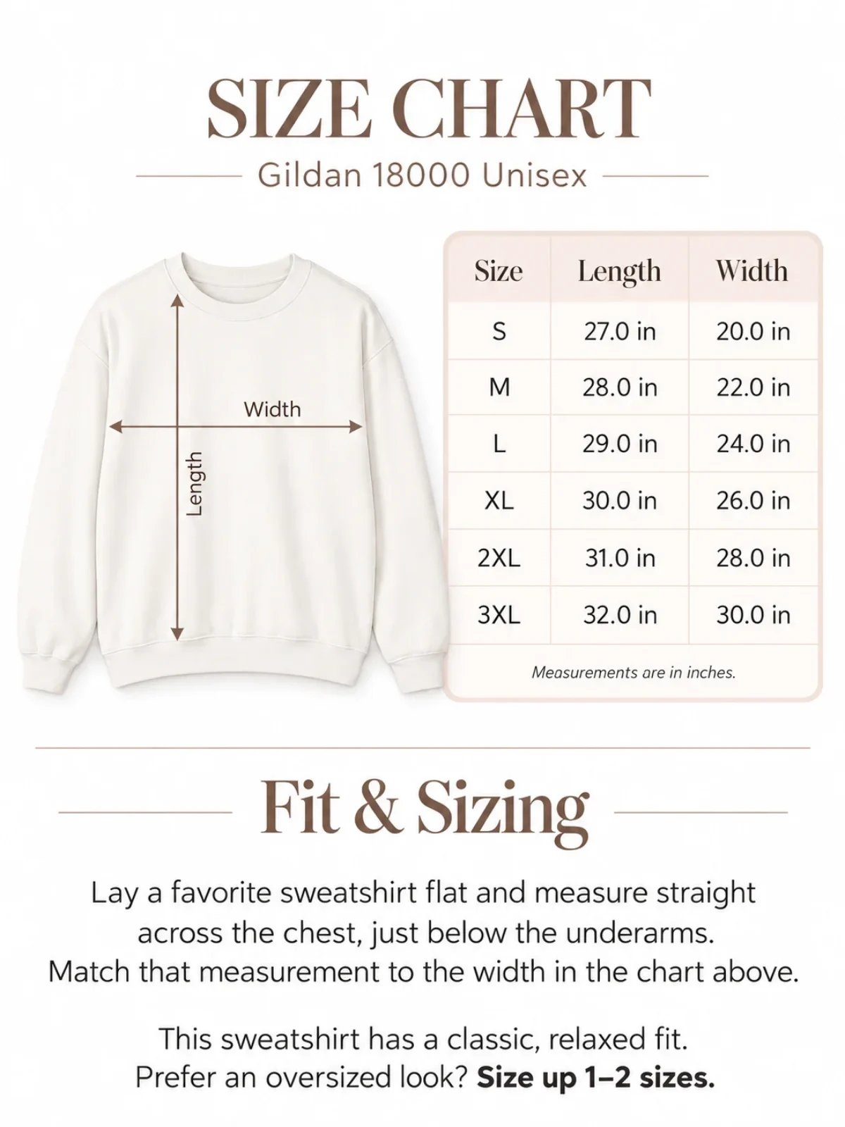 Gildan 18000 unisex sweatshirt size chart with garment measurements