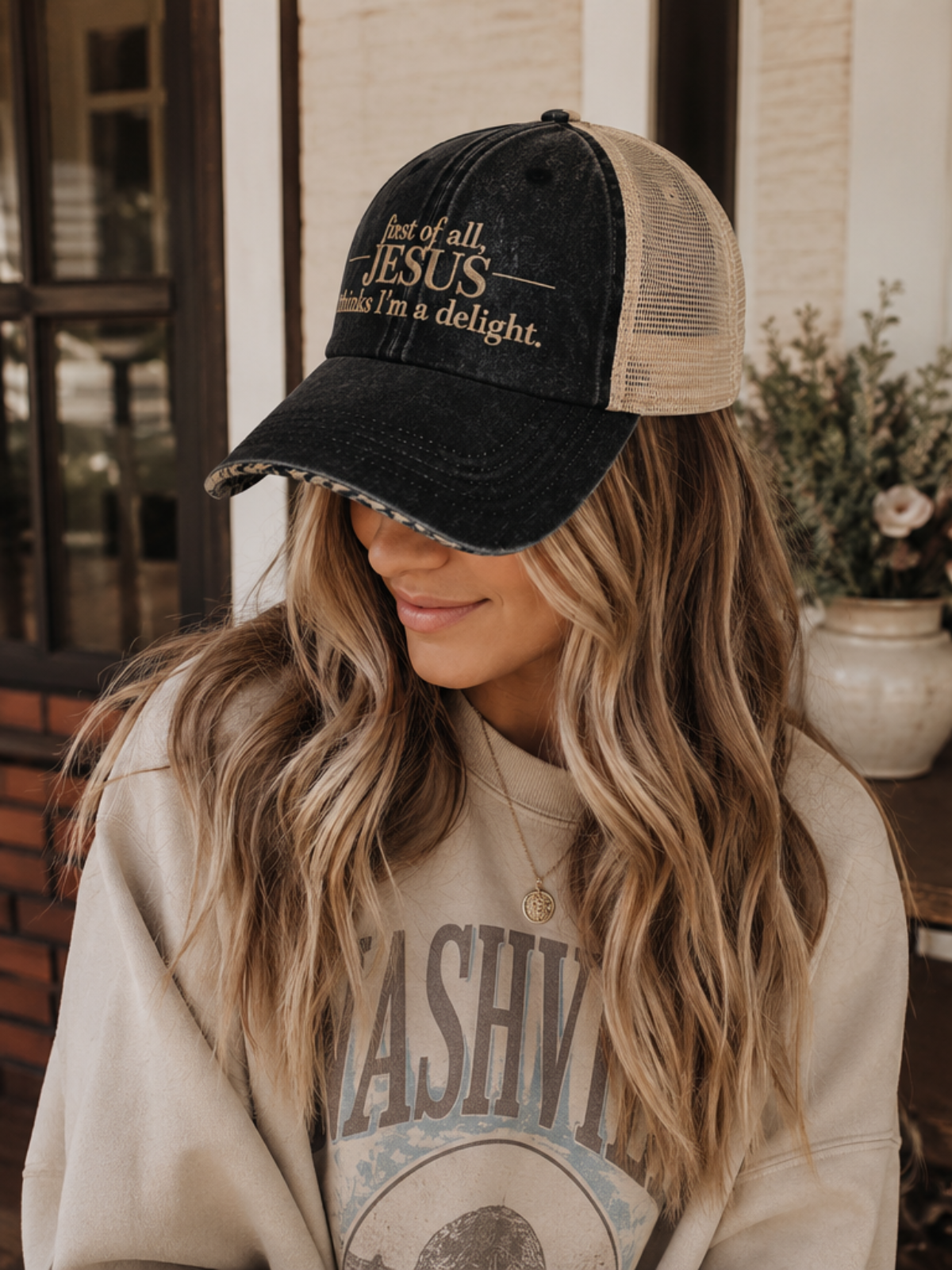 First of all.™ Washed Mesh-Back Ponytail Cap – Black