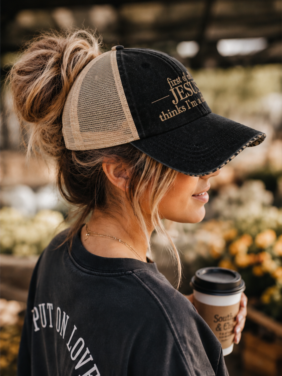 First of all.™ Washed Mesh-Back Ponytail Cap – Black
