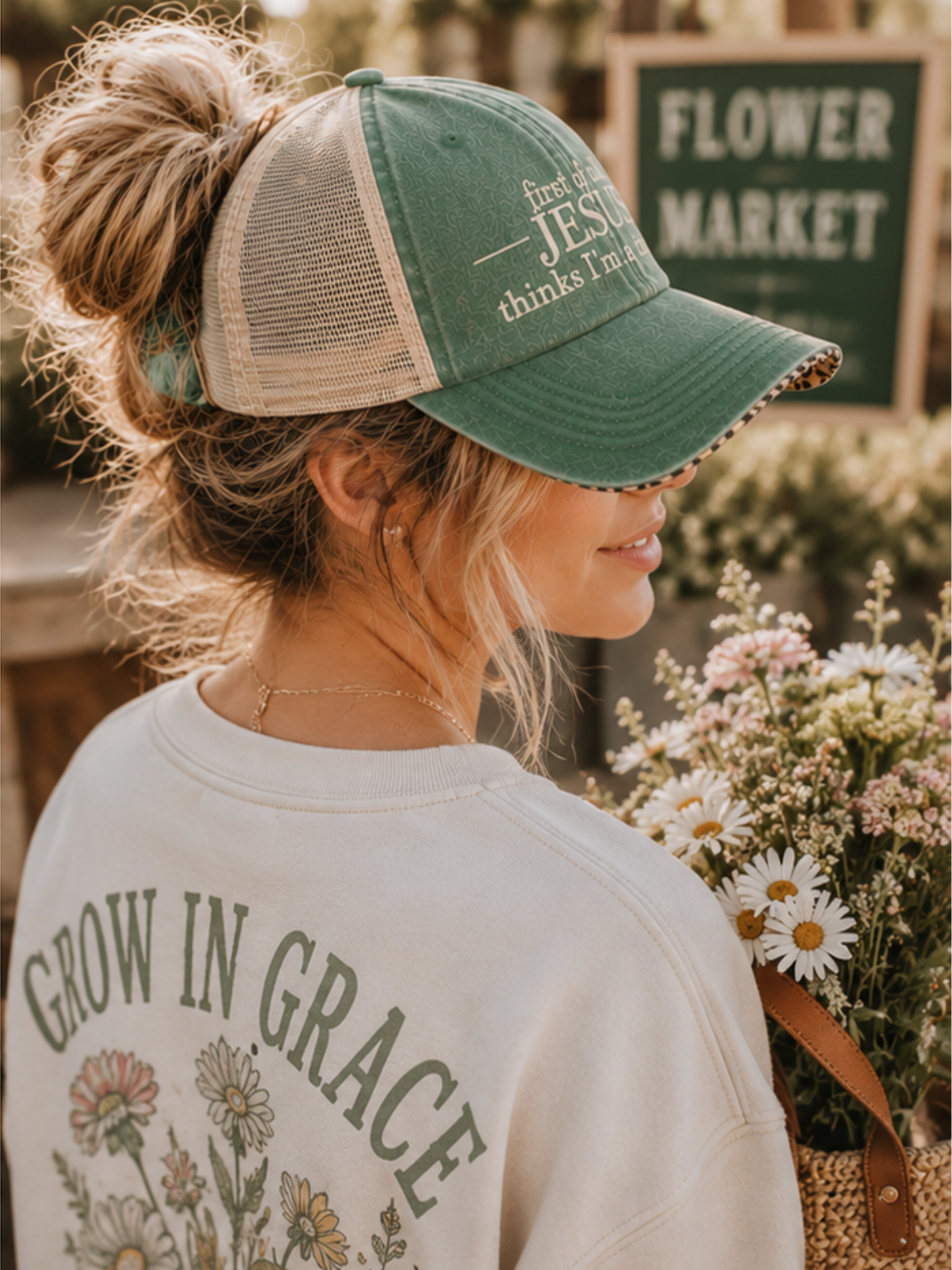 First of all.™ Washed Mesh-Back Ponytail Cap – Jade