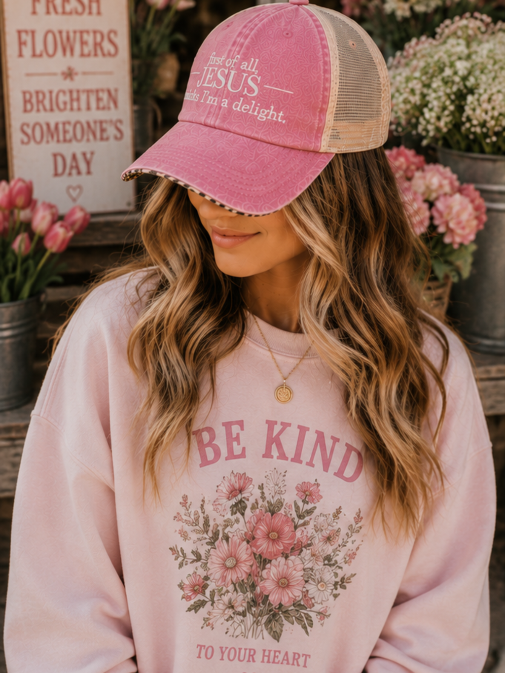 First of all.™ Washed Mesh-Back Ponytail Cap – Rose